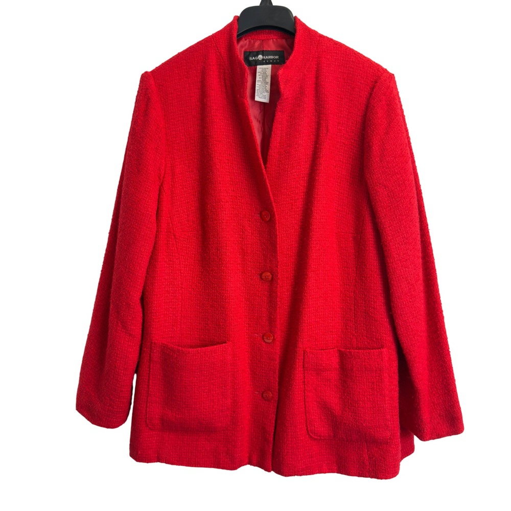 Sag Harbor Woman Red Tweed Blazer Jacket Stand Collar Plus Size 16W Pockets